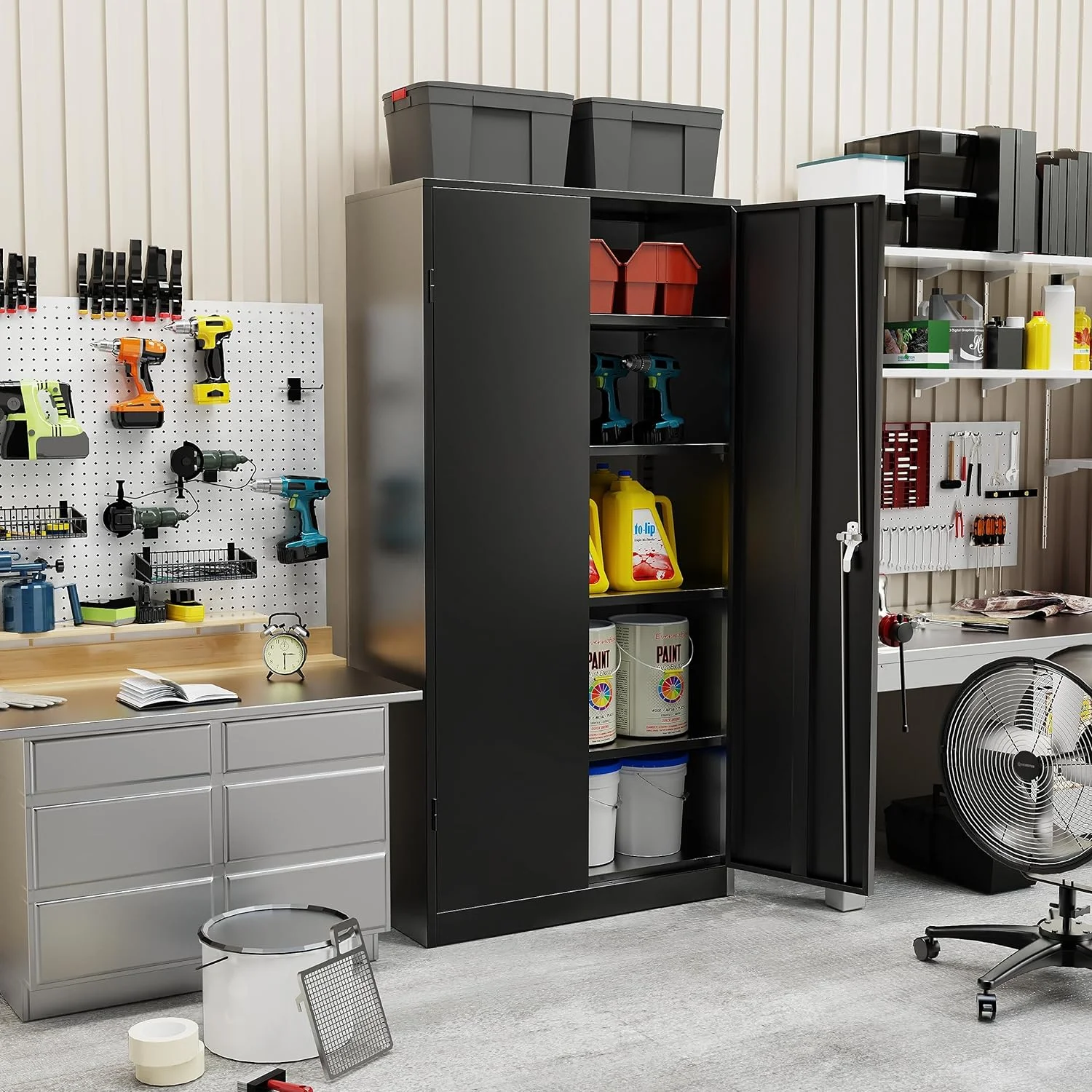 72" Storage Cabinet with Doors and Shelves, Metal Storage Cabinets with Lock,Lockable Steel Supply Cabinet,for Home Office Garage Warehouse,Black
