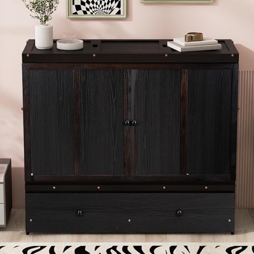 Harper & Bright Designs Queen Size Murphy Bed Cabinet, Solid Pine Wall Bed Chest with USB