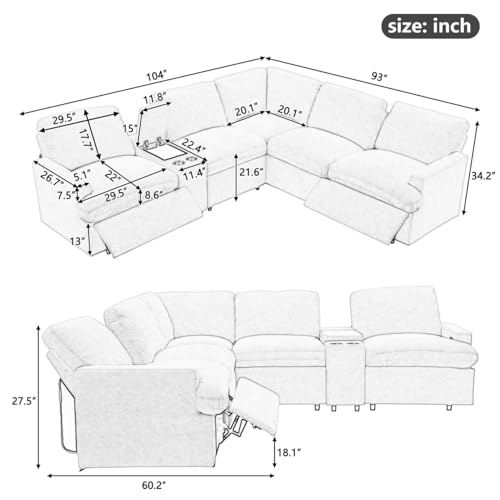 Large Sectional Sofa Couch L-Shaped Recliner Corner Sofa with 2 Power Recliners Storage Box Cup Holders USB Ports and Power Socket