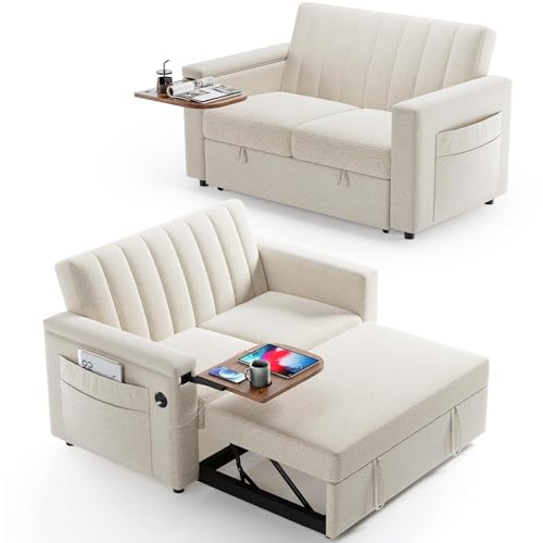 Marsail Sofa Bed, 3-in-1 Convertible Sleeper Sofa, Futon Couch with USB Charging, Side Pockets & Adjustable Backrest, Pull Out Couch for Living Room