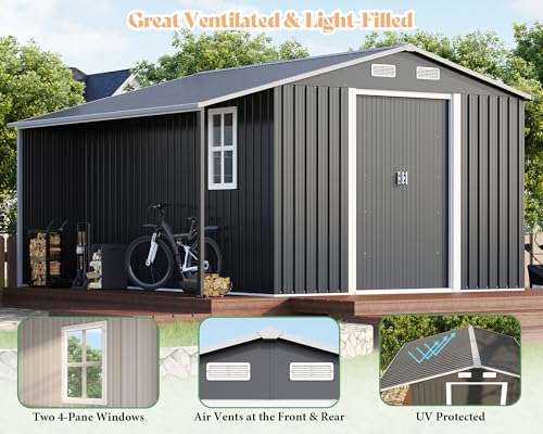 AMERLIFE 10.6x10.3x6.3 FT Metal Storage Shed with Sliding Doors Two 4-Pane Windows, Open Outdoor Shed for Wood Storage, Dark Grey/White