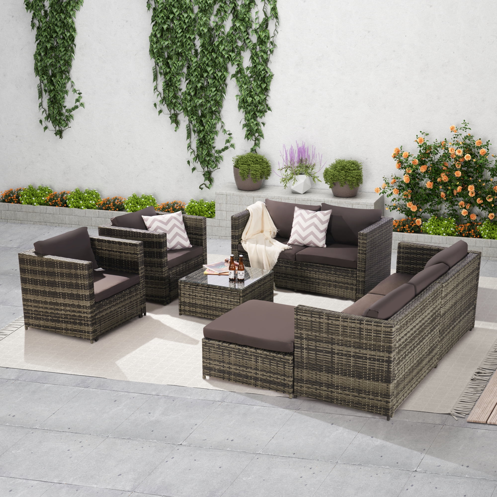 Highsound 6 Pieces Outdoor Patio Furniture Set, All-Weather Patio Outdoor Conversation Sectional Set with Coffee Table & Ottoman, Wicker Sofas