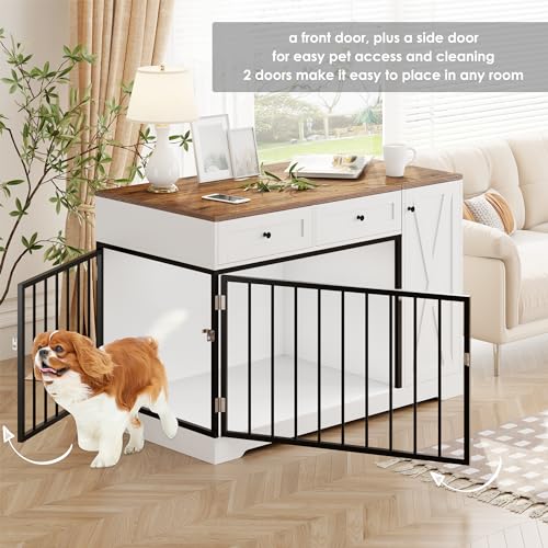 Dog Crate Furniture Kennel with Double Doors Wooden Pet House with 2 Drawers and Storage Cabinet