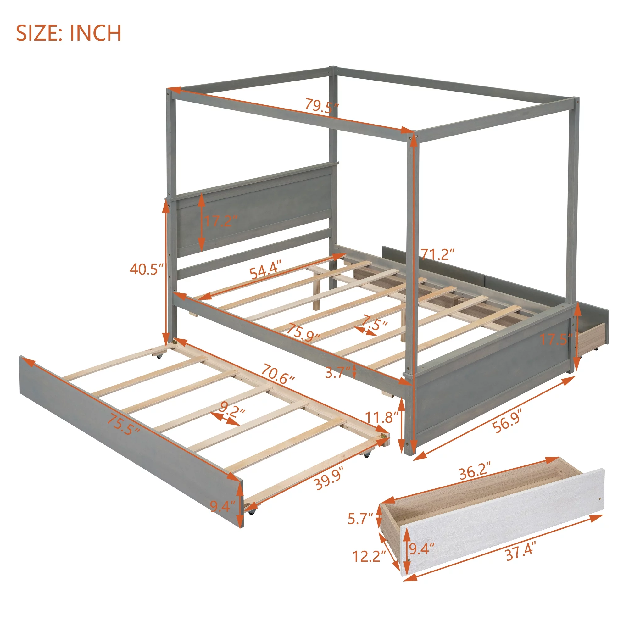 Churanty Full Size Canopy Bed Frame with Trundle and 2 Storage Drawers,Wood Full Platform Bed with Headboard,Gray