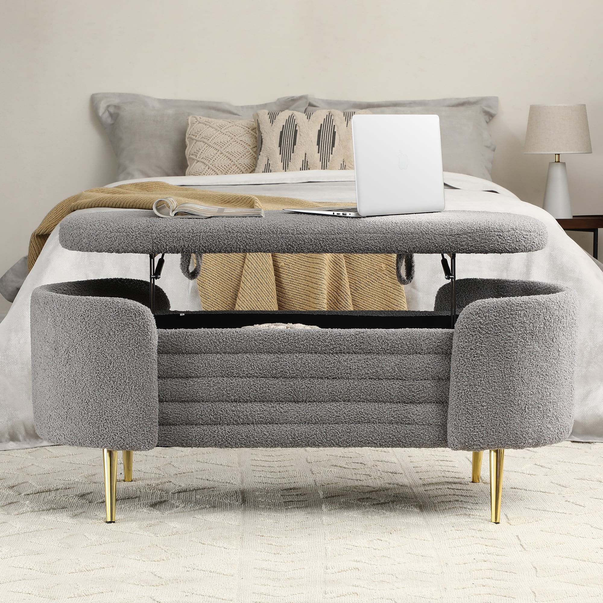 Holaki Modern End of Bed Bench with Storage Upholstered Sherpa Fabric Large Storage Bench Ottoman Shoe Stool Long Bench Window Sitting Toy Storage