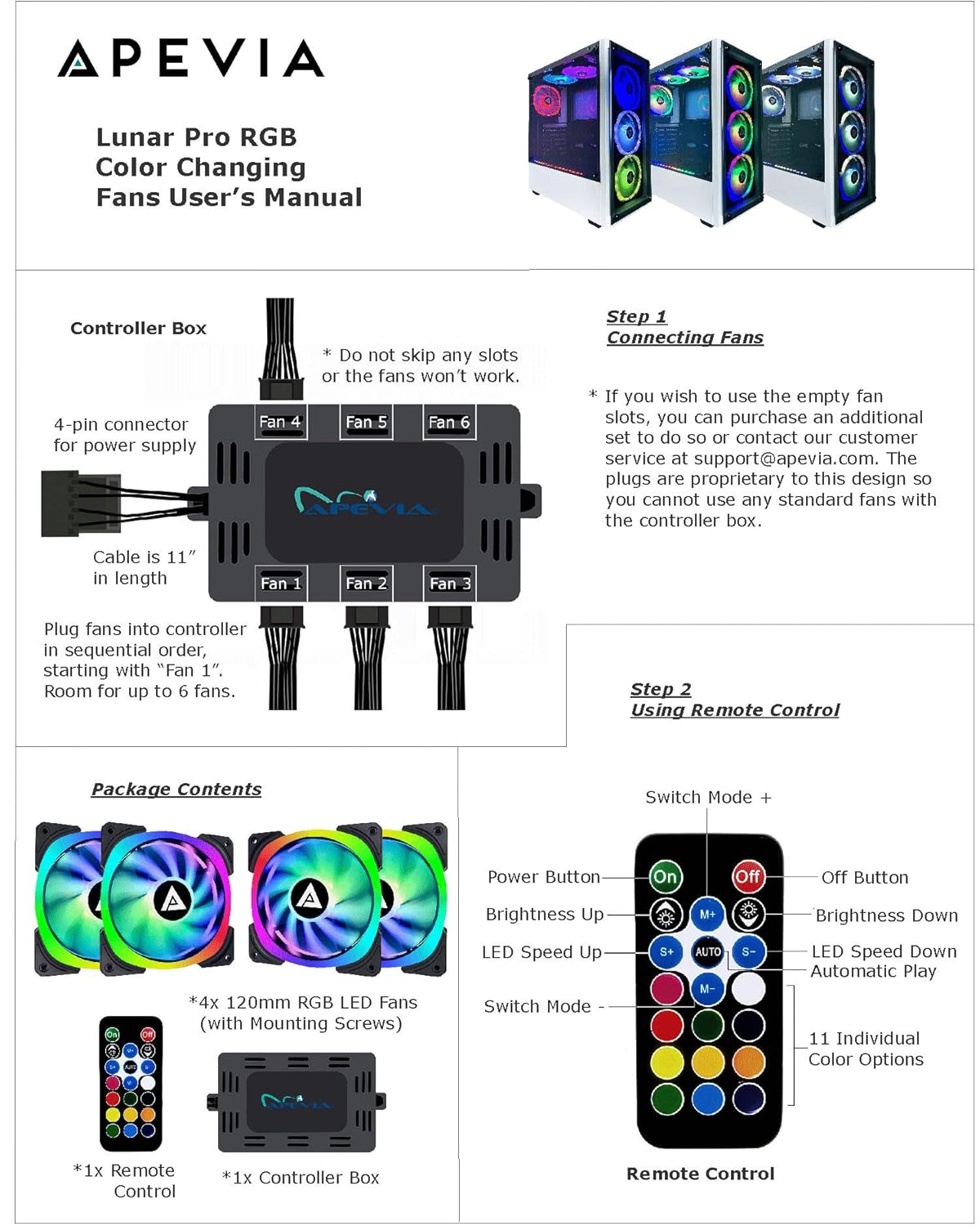 Apevia LP412L-RGB Lunar Pro 120mm Silent Dual-Ring RGB Color Changing LED Fan for Gaming with Remote Control