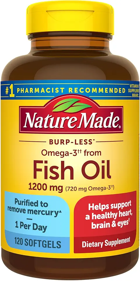 Nature Made Burp Less Omega 3 Fish Oil 1200 mg, Fish Oil Supplements as Ethyl Esters, Omega 3 Fish Oil for Healthy Heart, Brain and Eyes Support