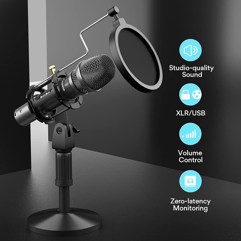 USB/XLR Instrument Dynamic Microphone, MAONO Metal Professional Zero-Latency Monitoring Vocal Mic with Volume Control, Shock Mount and Pop Filter