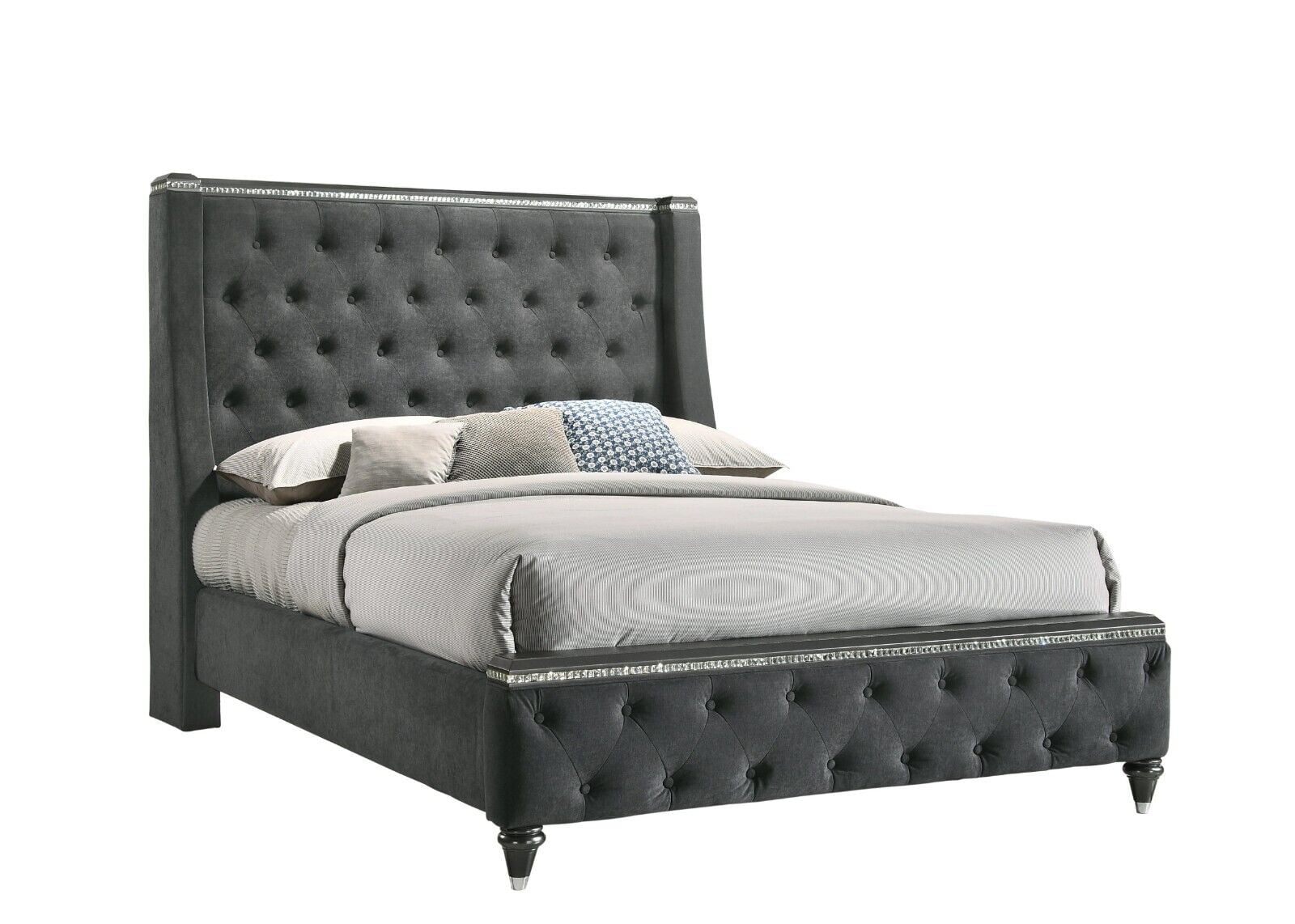 Modern Glam Style 5pc Queen Size Bedroom Set Grey Upholstered Panel Bed Dresser Mirror Nightstand Bedroom Furniture