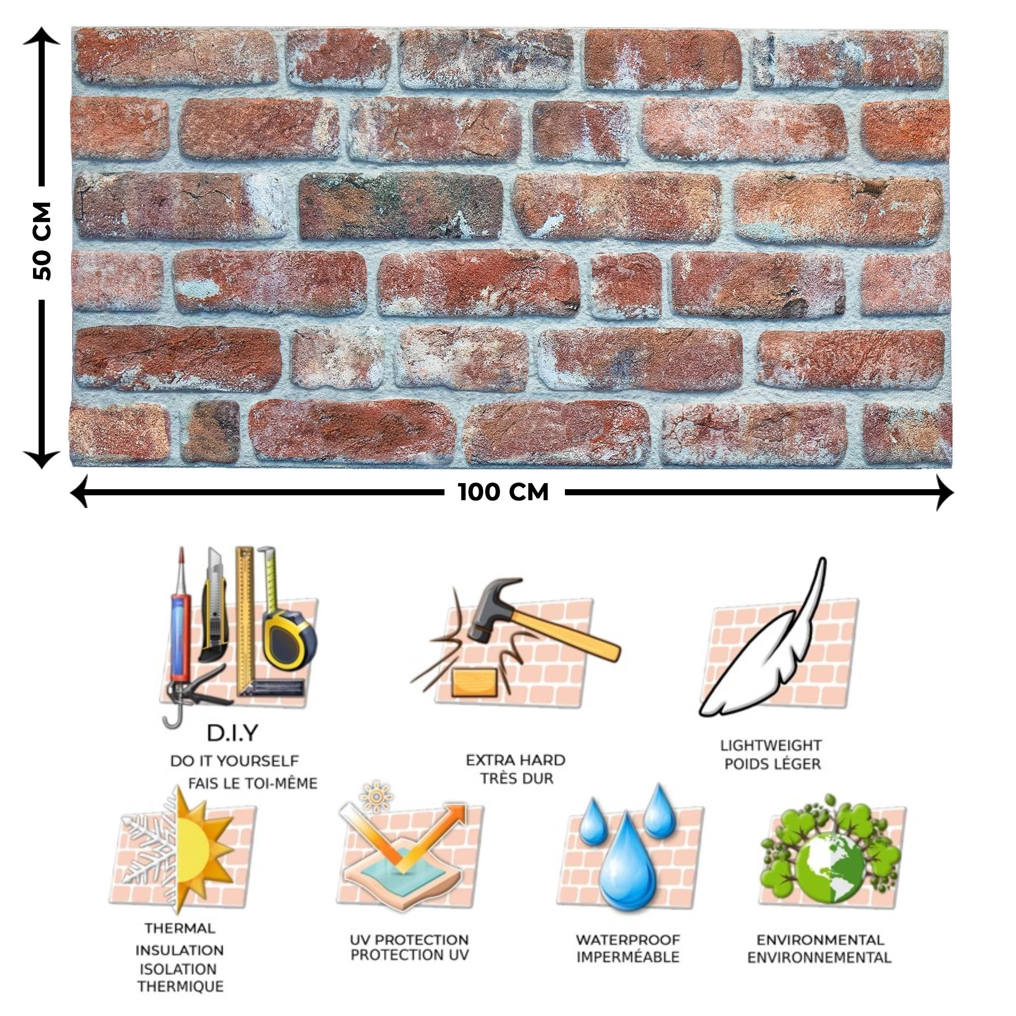 Dundee Deco 3D Wall Panels Brick Effect - Cladding, Red Brown Stone Look Wall Paneling, Styrofoam Facing for Living room, Kitchen, Bathroom, Balcony