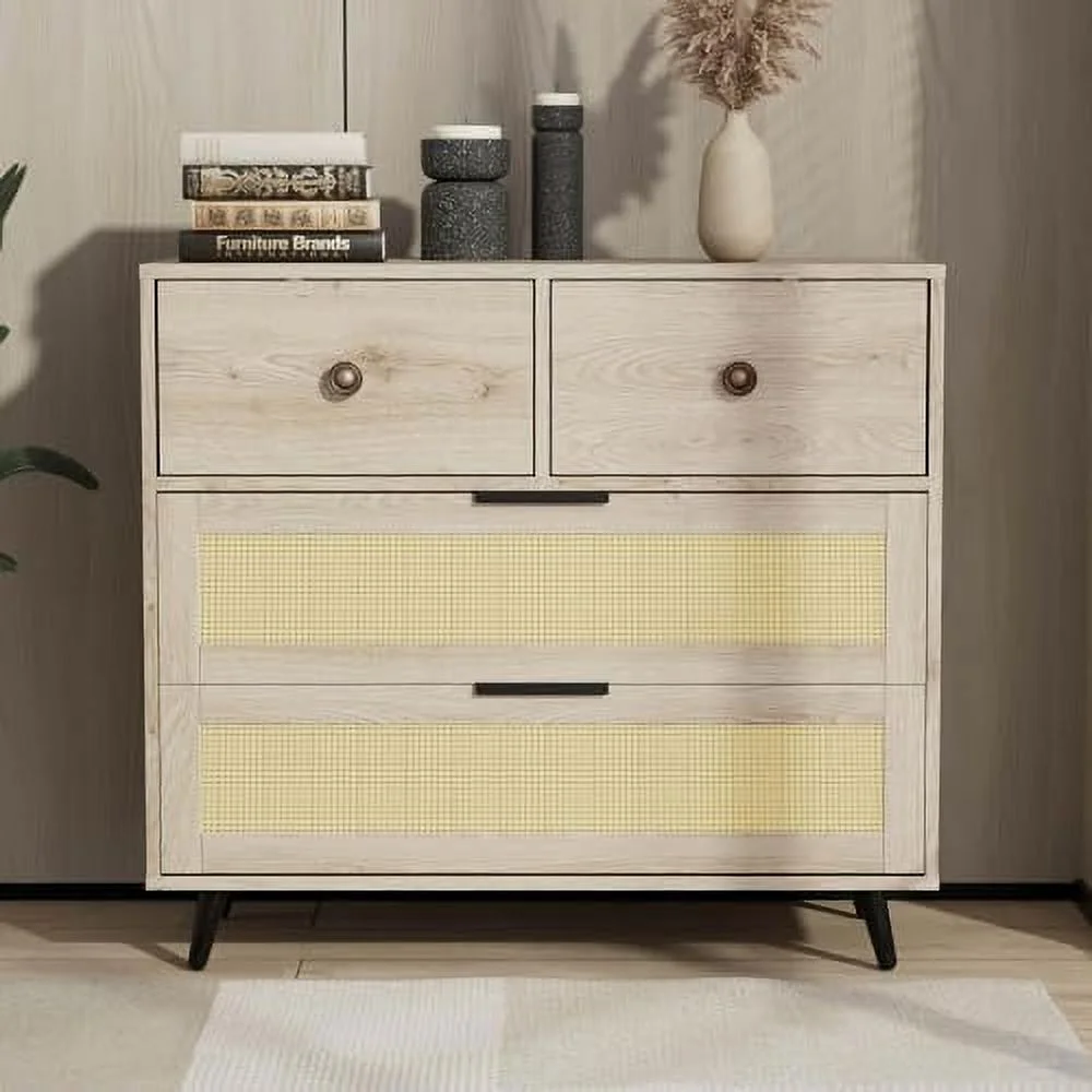 JYHOME Small 3 Drawer Dresser  Mid-Century Modern Rattan Dresser Chest with Metal Handles  Wood  Cabinet of Drawers for Bedroom  Living Room  Hallway