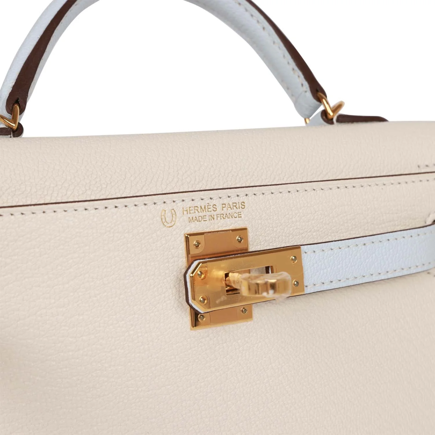 Herm&egrave;s Special Order (HSS) Kelly 20 Nata and Bleu Brume Chevre Gold Hardware