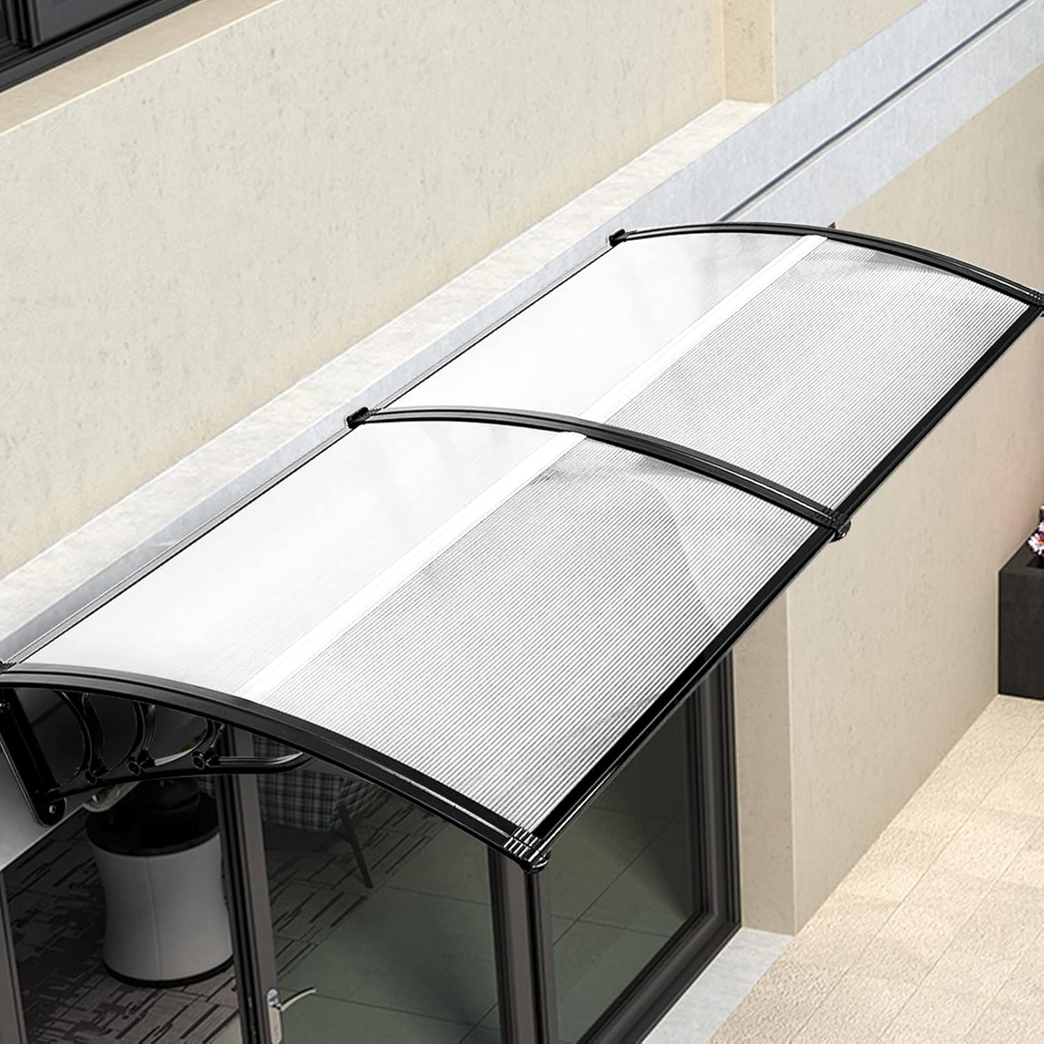MATICO 79 Outdoor Clear Door Awning Patio Window Cover Polycarbonate Rain & Snow Protection, Modern Black Hollow Sheet with UV Protection Cover