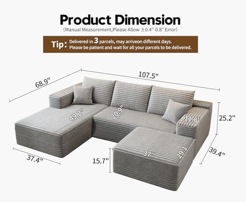 107.5" Cloud Modular Sectional Sofa with 1 Ottoman,Modern Minimalist Upholstered Couches, Comfort U Shaped Sofa for Living Room