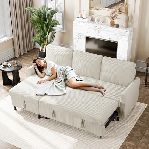 Vongrasig Convertible Sleeper Sofa, Pull Out Couch with Storage, 77" L-Shaped Sofa Bed with Storage Chaise Corduroy Fabric for Living Room, Apartment