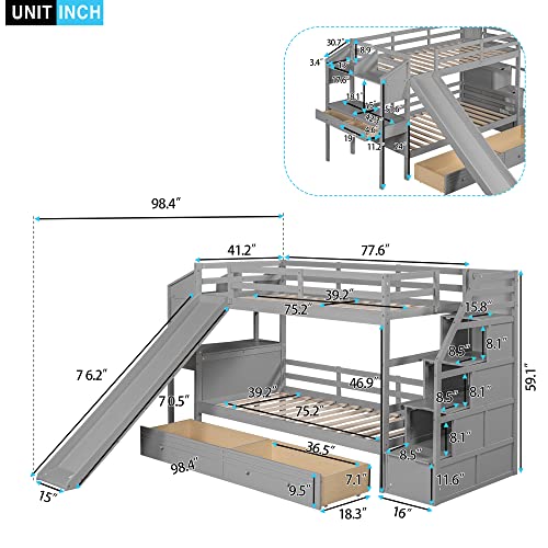 Full-Over-Full Castle Style Bunk Bed with 2 Drawers and 3 Shelves, Wood Bunk Bed Frame with Slide and Storage Staircase for Kids Teens Boys Girls