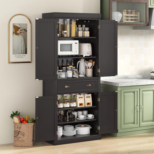 Tangkula 72" H Kitchen Pantry Cupboard Cabinet, Traditional Freestanding Large Tall Storage Cabinet with 2 Cabinets and Drawer, Adjustable Shelves