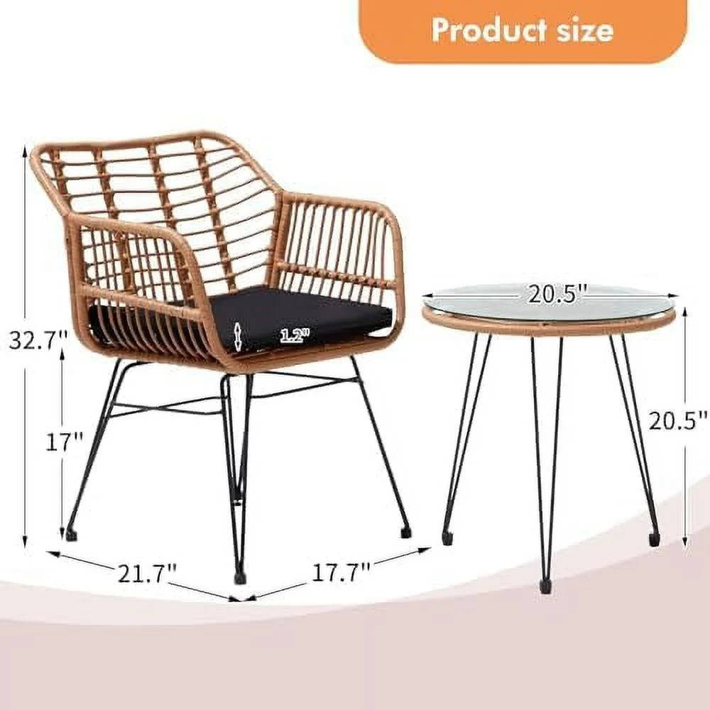 KHBIULIFE 3 Pieces Wicker Patio Bistro  Set  Includes 2 Chairs and Glass Top Table  Ideal for Porch  Outdoor  Backyard  Apartment  Balcony Black Color