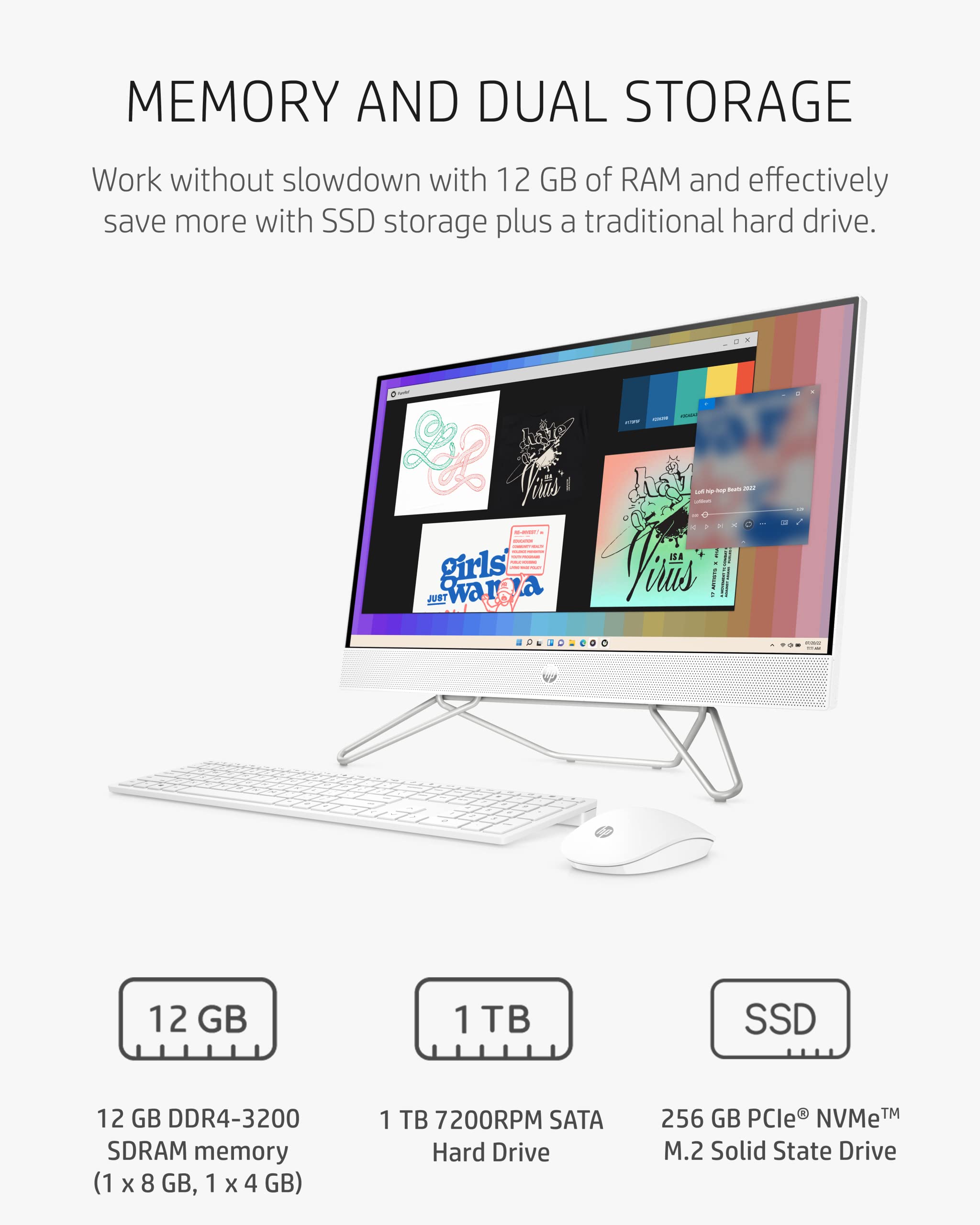 HP 27” All-in-One Desktop PC, AMD Ryzen 7 5700U, 12 GB RAM, 256 GB SSD & 1 TB Hard Drive, Full HD IPS Display, Windows 11 Pro, 720p Privacy Webcam