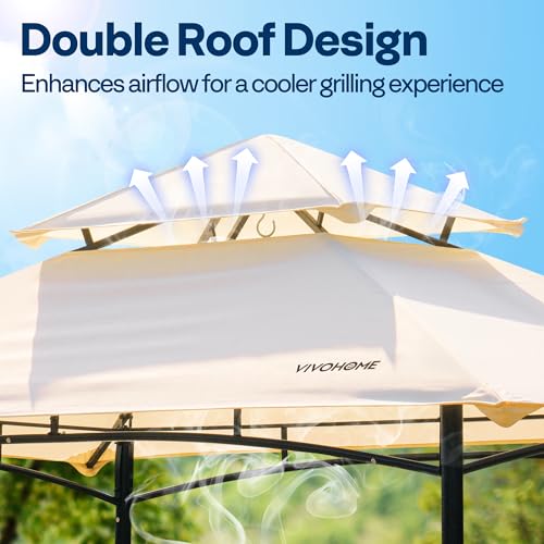 VIVOHOME 8&times;5 ft Grill Gazebo Outdoor BBQ Patio Canopy Tent with Double Tiered Vented Top & 2 Side Shelves, Beige