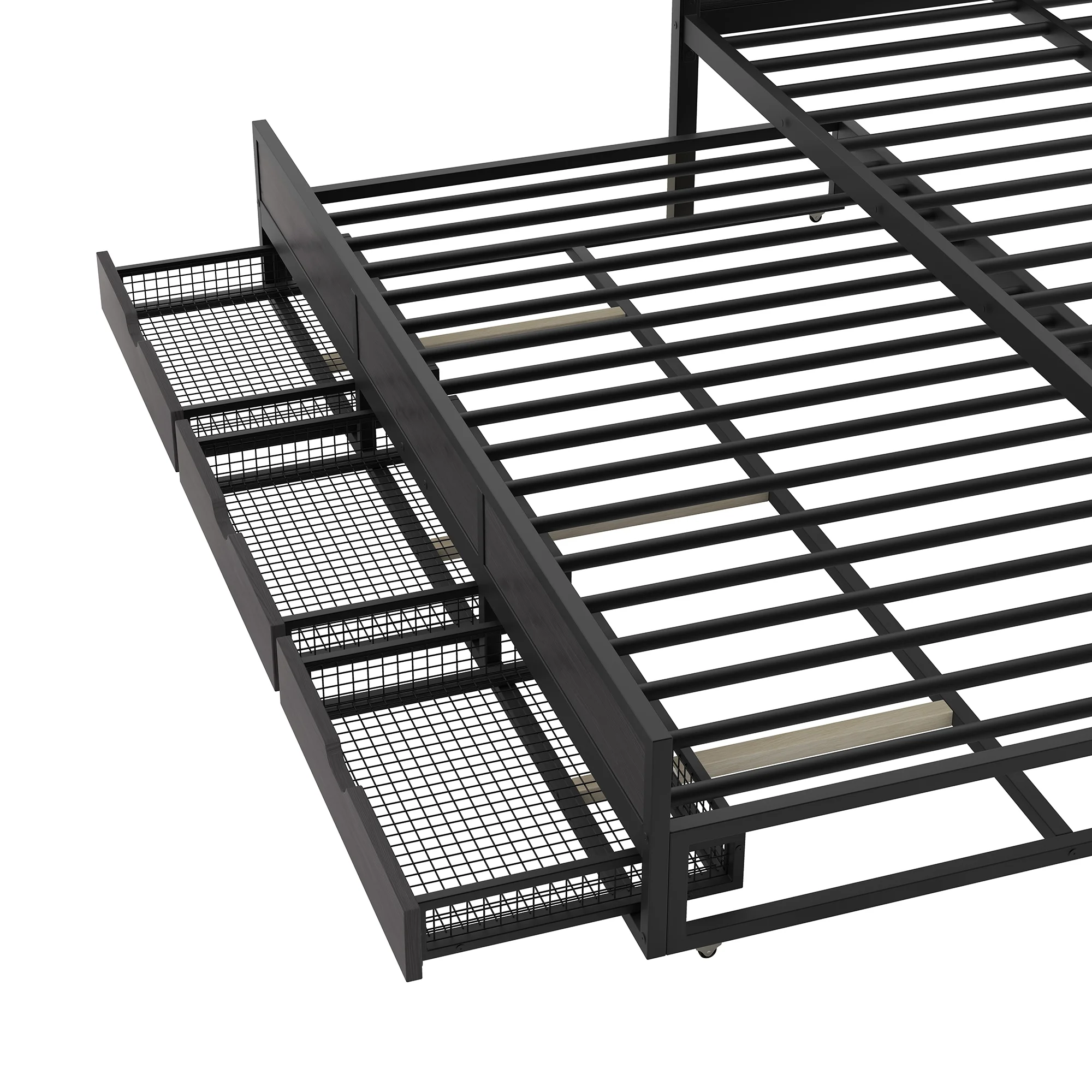Churanty Queen Size Canopy Platform Bed with Trundle, Metal Four-Poster Canopy Bed Frame with for 3 Storage Drawers for Bedroom,Black
