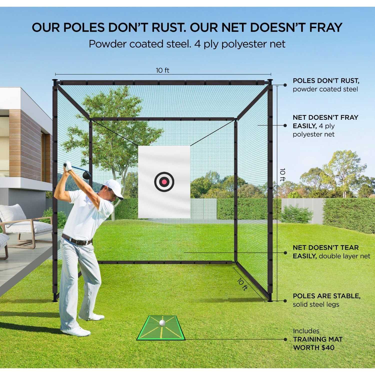 Golf Cage Net 10x10x10 Ft Golf Hitting Cage with Frame and Netting Enclosure Target Cloth and Swing Practice Mat for Indoor Outdoor Backyard Driving