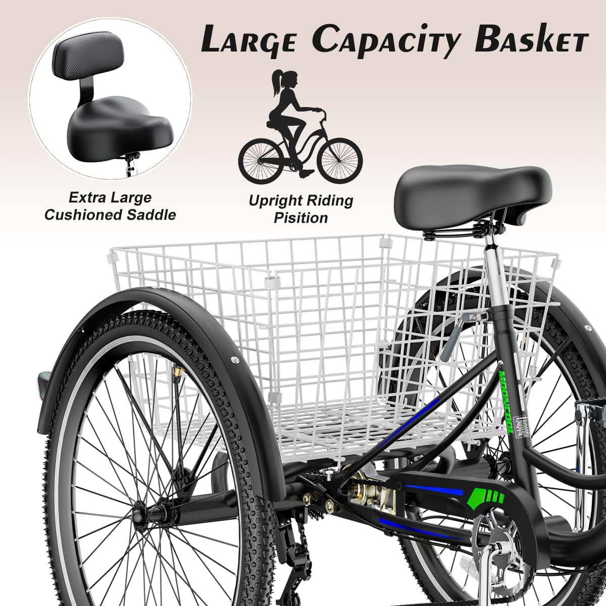 Adult Tricycle 7 Speed 3 Wheel Bike Adult Trikes, Three-Wheeled Bicycles Cruise Trike with Basket for Seniors, Women