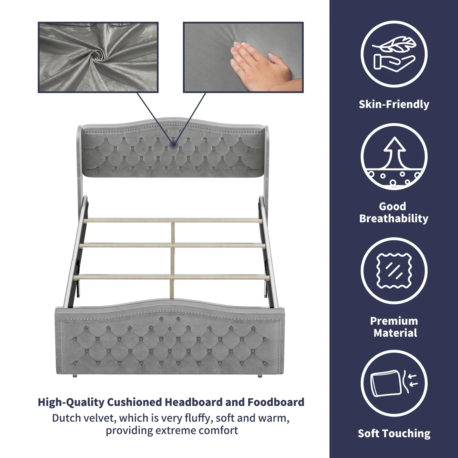 ZAFLY King Size Bed Frame with Headboard | Button Tufted Dutch Velvet Bedroom Furniture | High Upholstered Platform Bed Frame, King Size, Silver Grey