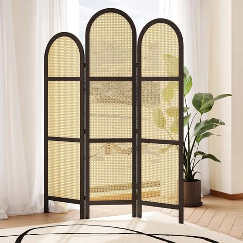 Room Divider and Folding Privacy Screens, Pine Wood 5.6 Ft Double Hinged Rattan Partition Freestanding Wall Room Divider for Home - 3 Panels