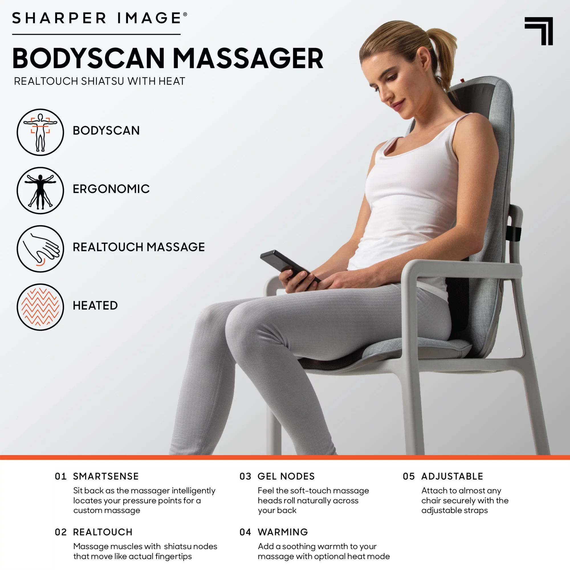 Sharper Image® Smartsense Shiatsu Realtouch Chair Pad Seat Cushion Massager with 4 Deep Kneading Gel Nodes