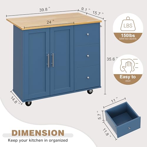 Shintenchi Rolling Kitchen Island Cart with Folding Drop Leaf Breakfast Bar, Portable Trolley Island with Large Storage Cabinet, Shelf and Drawer