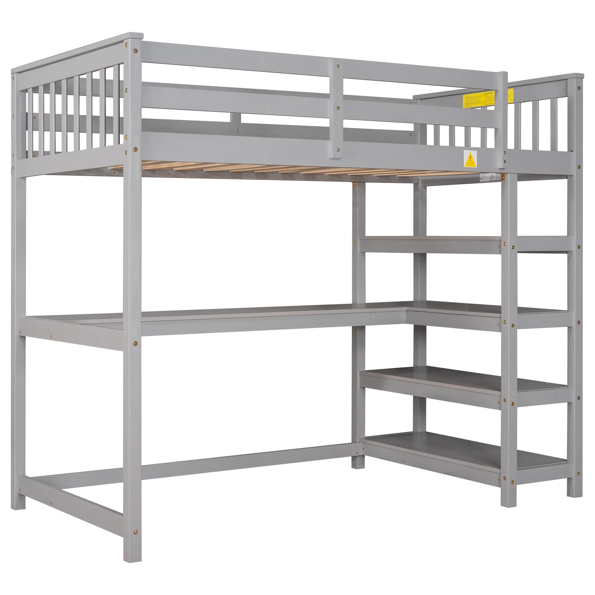 Euroco Twin Size Loft Bed with Built-in Desk and Shelves for Kids Teens Adults, Gray