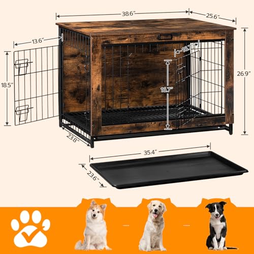 HOOBRO Dog Crate Furniture, 38.6" Large Dog Kennel Indoor, Wooden Cage with Pull-Out Tray
