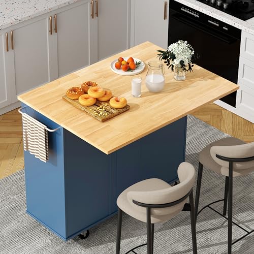 Shintenchi Rolling Kitchen Island Cart with Folding Drop Leaf Breakfast Bar, Portable Trolley Island with Large Storage Cabinet, Shelf and Drawer
