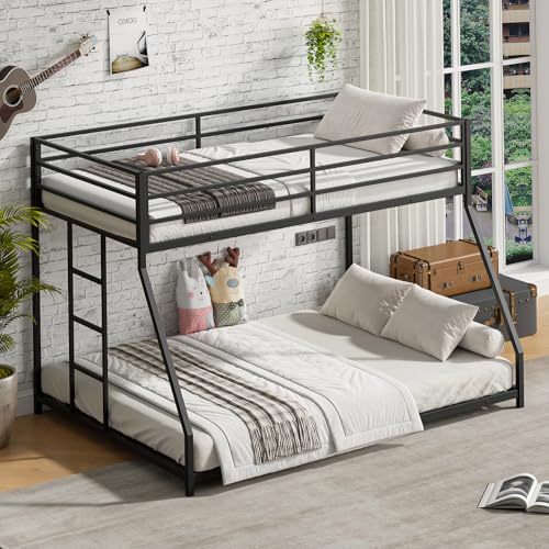 Heavy Duty Bunk Bed Frame with Ladder, Twin XL Over Twin XL Bunk Beds with Safety Guardrails, Adults Bunk Beds with Noise-Reducing Rubber Stoppers