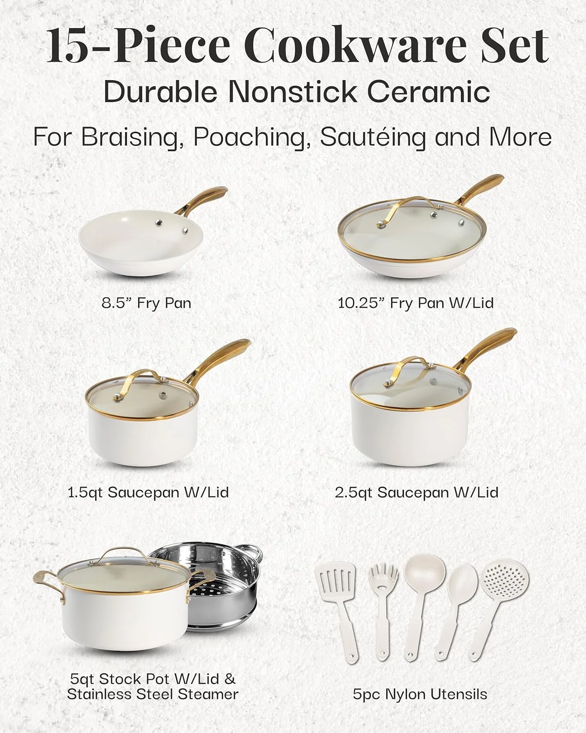 Gotham Steel 15 Pc Pots and Pans Set Non Stick Cookware Set, Pot and Pan Set, Kitchen Cookware Sets, Ceramic Cookware Set, Nonstick Cookware Set