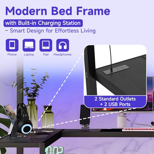 Full Size Metal Loft Bed Heavy-Duty Loft Bed Frame, LED Loft Bed Frame with L Shaped Desk, Wardrobe, Storage Stairs