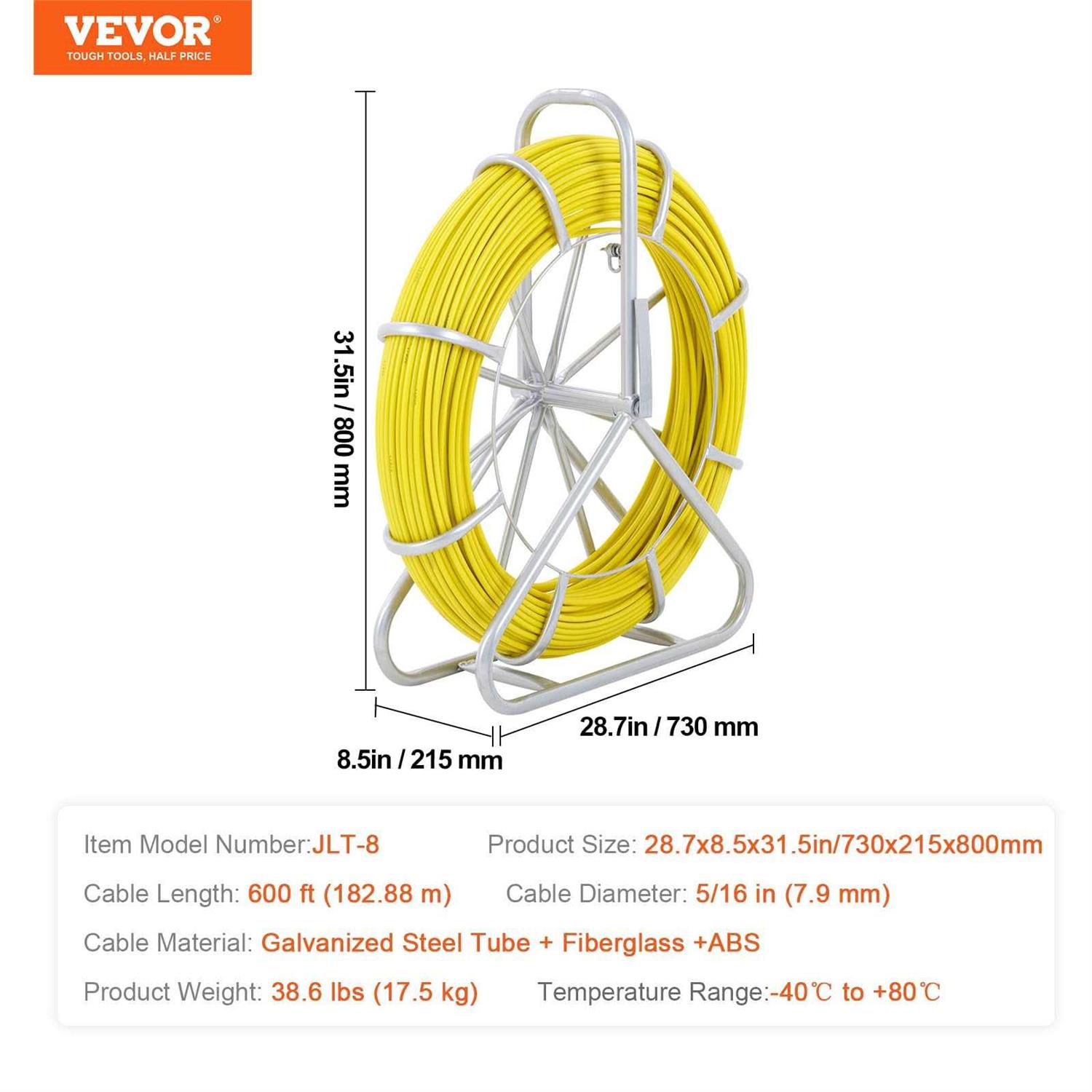 VEVOR Fish Tape Fiberglass 600 ft. x 5/16 in. Non-Conductive Duct Rodder Fishtape with Steel Reel Stand for Electrical Conduit