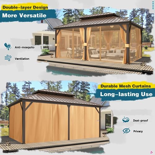 MELLCOM 10'x13' Hardtop Gazebo with Polycarbonate Double Roof, Aluminum Frame Outdoor Gazebo Permanent Pavilion with Curtains and Netting for Patio