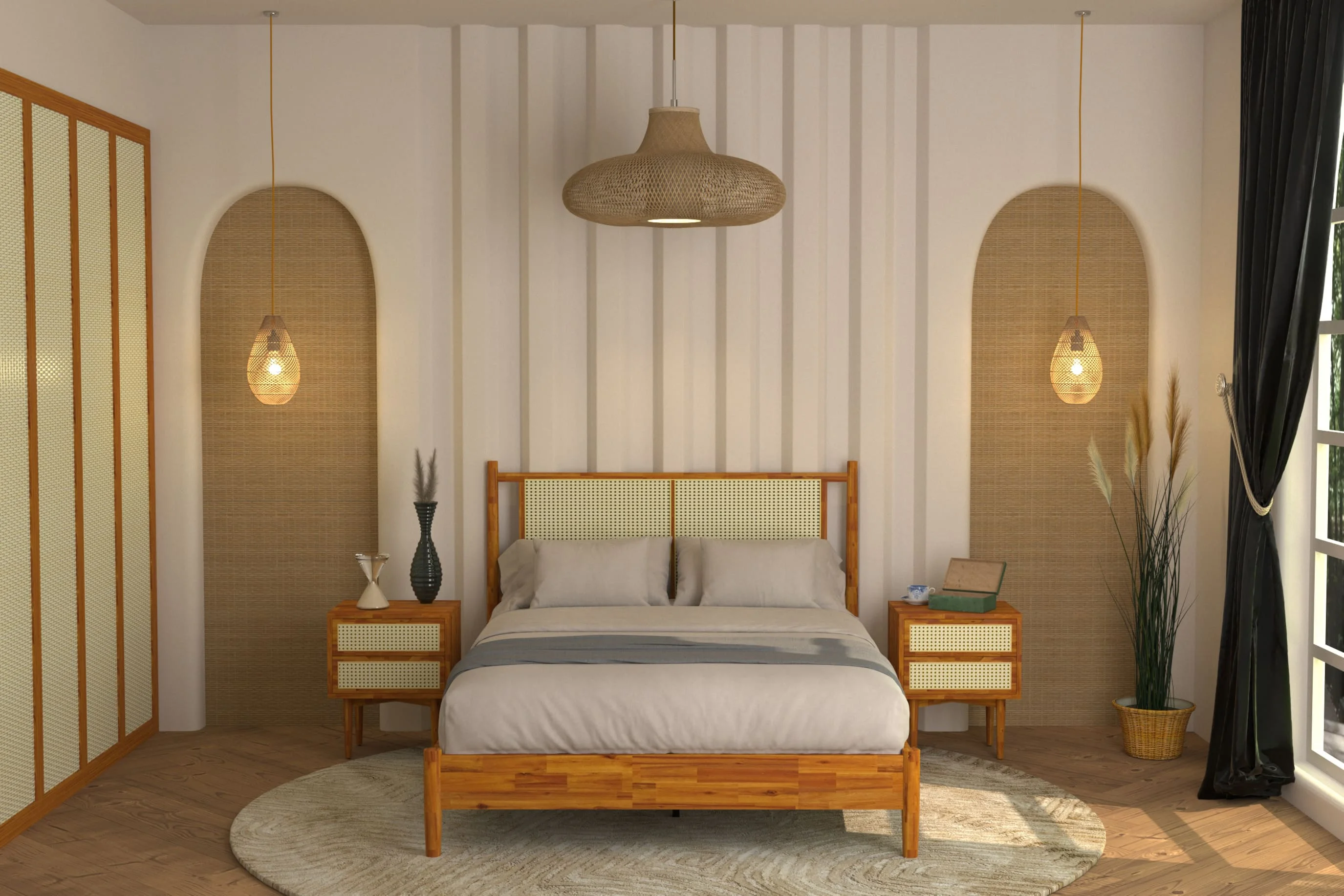 BME Asher 47" Queen Platform Bed Frame, Rattan Headboard, Mid Century and Boho, Solid Wood, Caramel