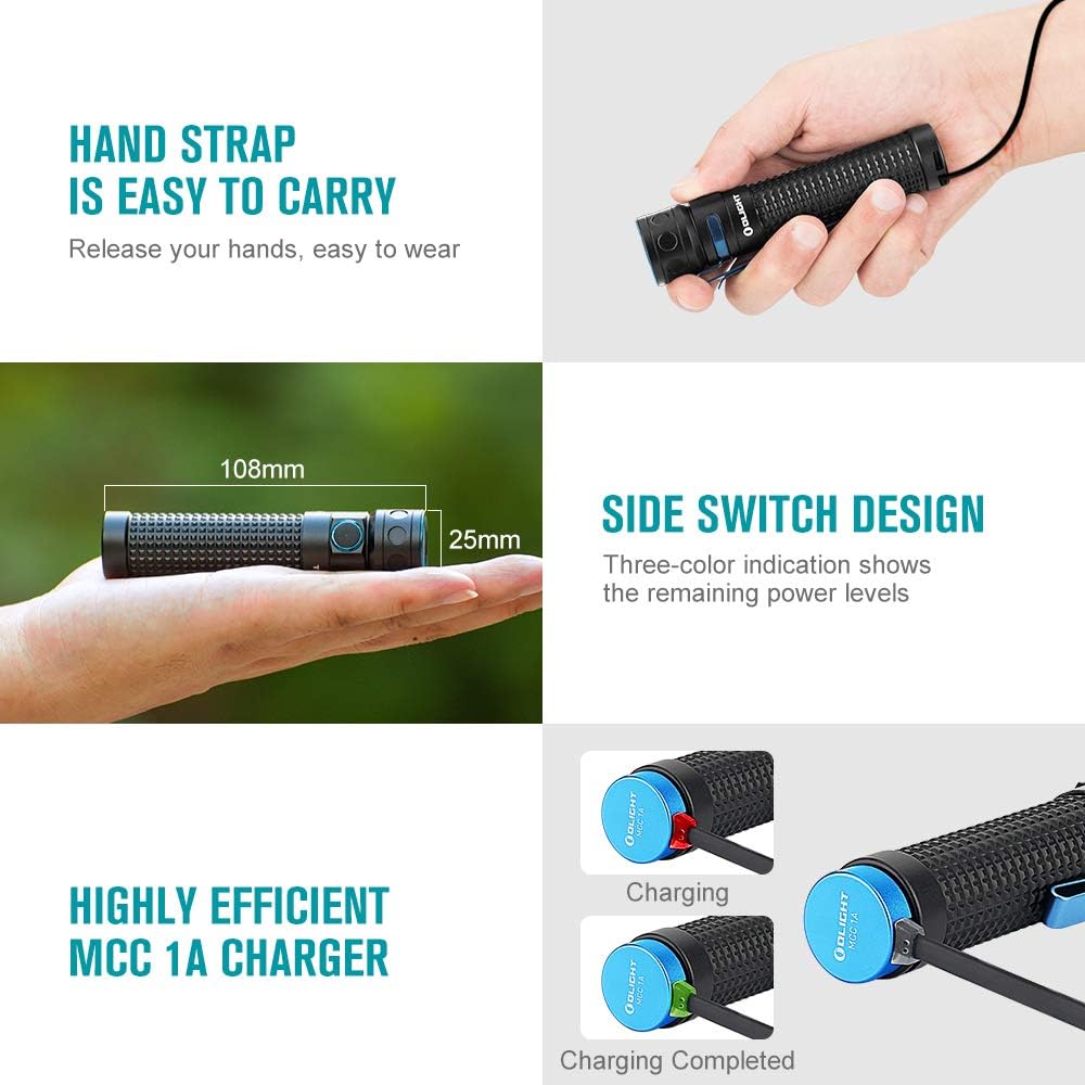 OLIGHT BatonPro 2000 Lumens Compact Rechargeable Side-Switch LED Flashlight with Single 3500mAh 18650 Customized Battery, Magnetic Charger Cable