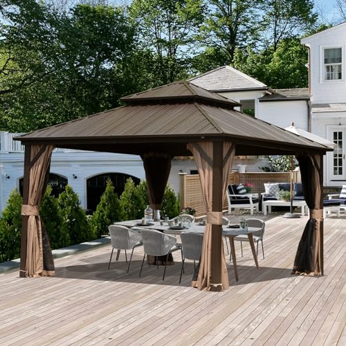 Domi 10' x 10' Hardtop Gazebo Outdoor Metal Gazebo with Galvanized Steel Double Roof Canopy, Curtains and Netting for Patio, Backyard, Deck