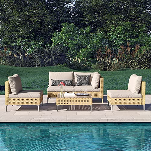 Grand patio 7-Piece Wicker Patio Furniture Set, Boho Outdoor Conversation Set Sectional Sofa with Water Resistant Thick Cushions and Coffee Table