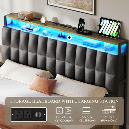 YITAHOME Queen Size Lift Up Bed with Charging Station & RGB LED Lights, PU Leather Upholstered Platform Storage Bookcase Headboard Bed