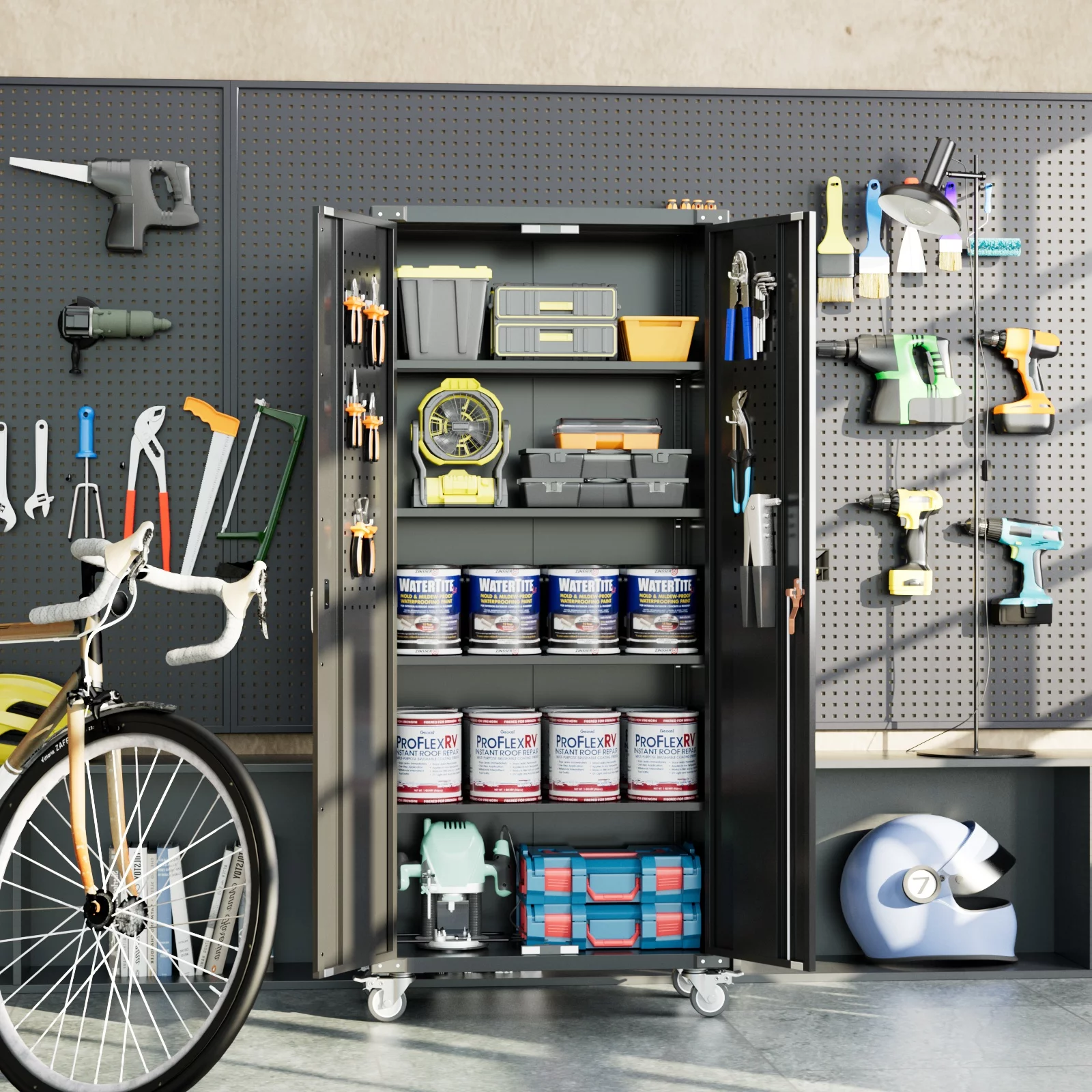 SUPEER 72 Inches Black Metal Storage Cabinet with Wheels and Pegboard, Rolling Storage Garage Cabinet with Adjustable Shelves and Door for Garage
