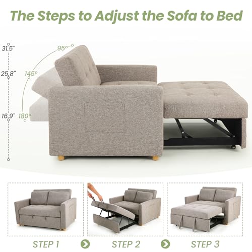 SEJOV 3-in-1 Convertible Sofa Bed, Linen Fabric Sleeper Couch Pull Out Bed, 49" 2-Seater Loveseat Futon Sofa with Spring Support
