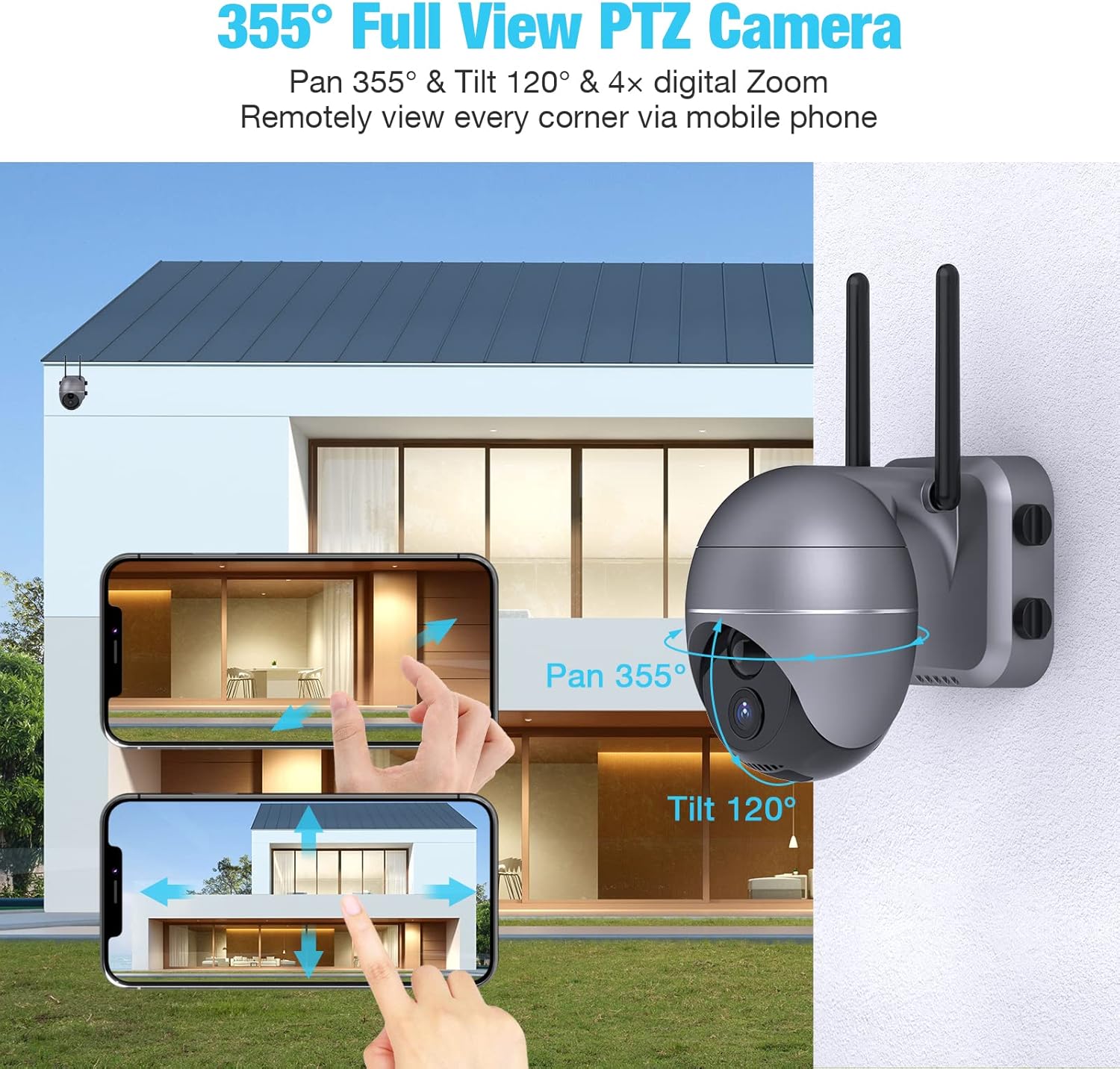 Wireless Security Camera Outdoor, 1080P 360° PTZ Rechargeable Battery Camera WiFi with Night Vision, 2-Way Audio, PIR Motion Detection, Cloud Storage