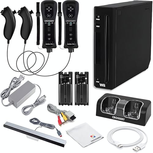 Nintendo Wii Console Bundle Black- With Wii Console Black, 2 Remotes & 2 Nunchuks Fully Compatible, Charging Dock, 2 Rechargeable Batteries