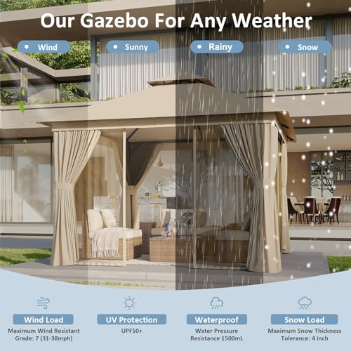Aoxun 10'x12' Outdoor Patio Gazebo, Heavy Duty Party Tent with Wind-Resistant Ropes