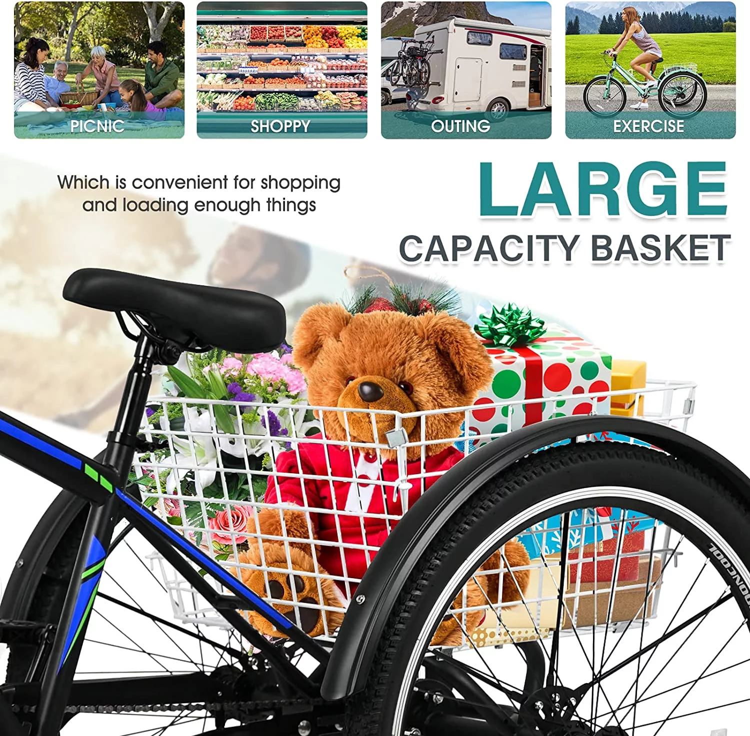 Mooncool Adult Mountain Tricycle, 7 Speed Three Wheel Bike, 24/26/27.5 Inch Adults Trikes for Seniors with Shopping Basket